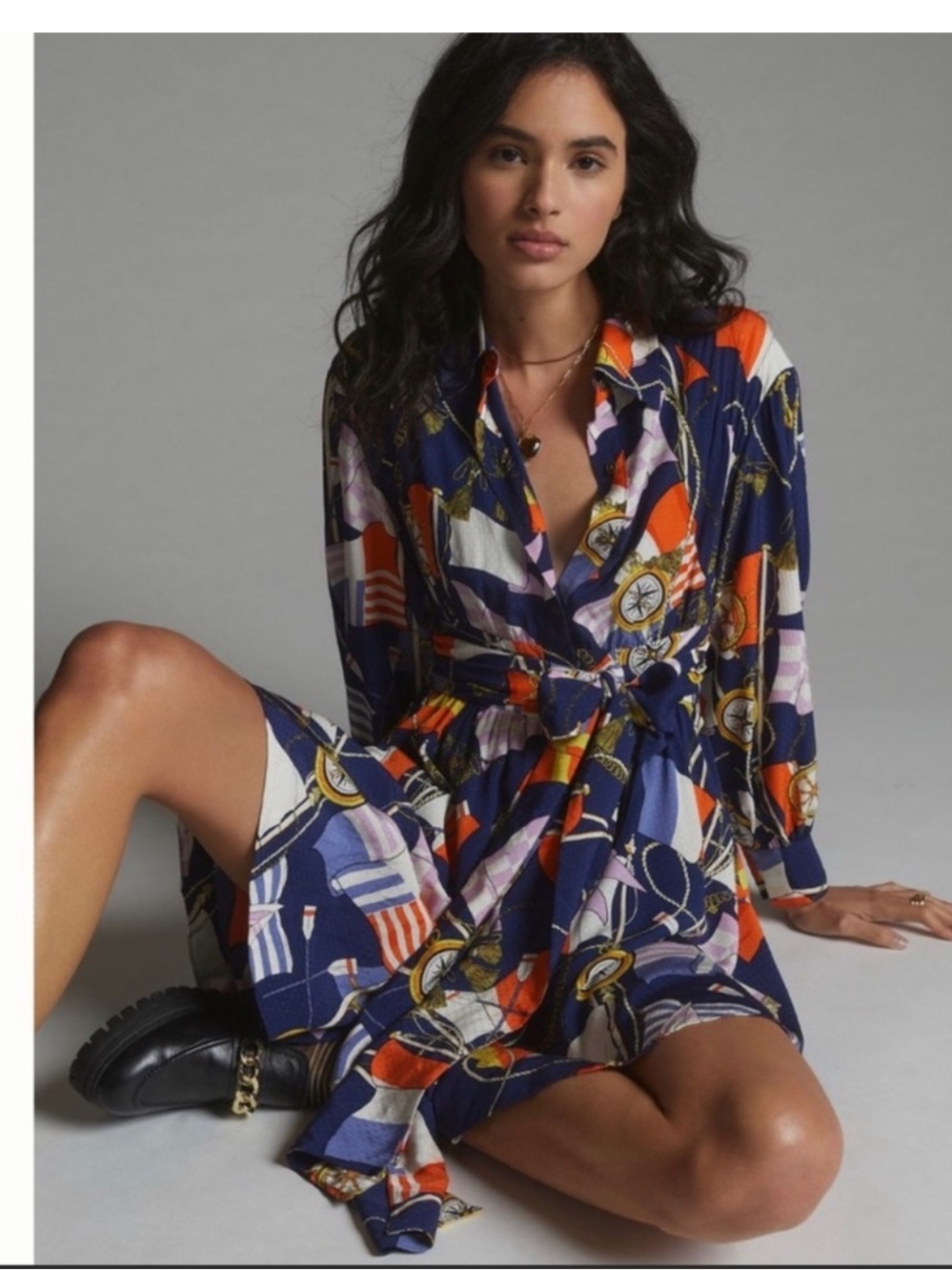 Anthropologie Maeve Nautical Women Mini Shirtdress NavyOrangeBlue Long Sleeve XS